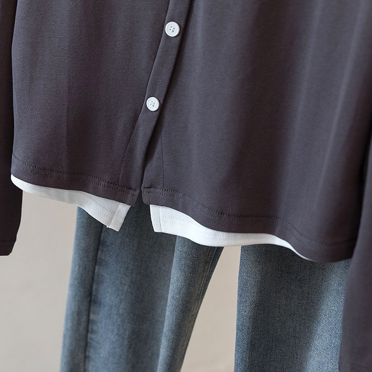 V-neck long sleeve Pseudo-two T-shirt simple fat tops