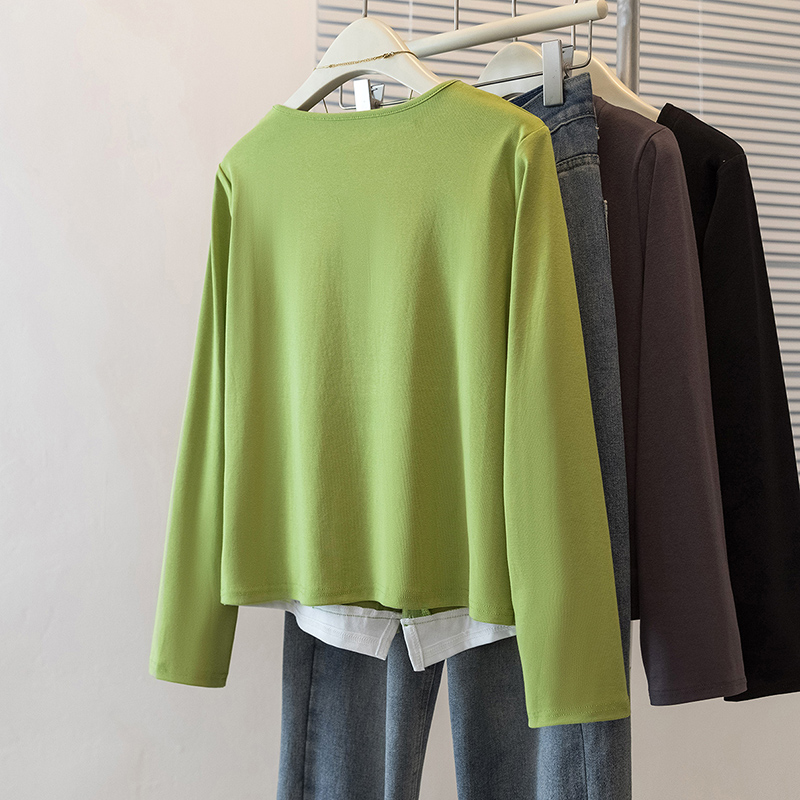 V-neck long sleeve Pseudo-two T-shirt simple fat tops