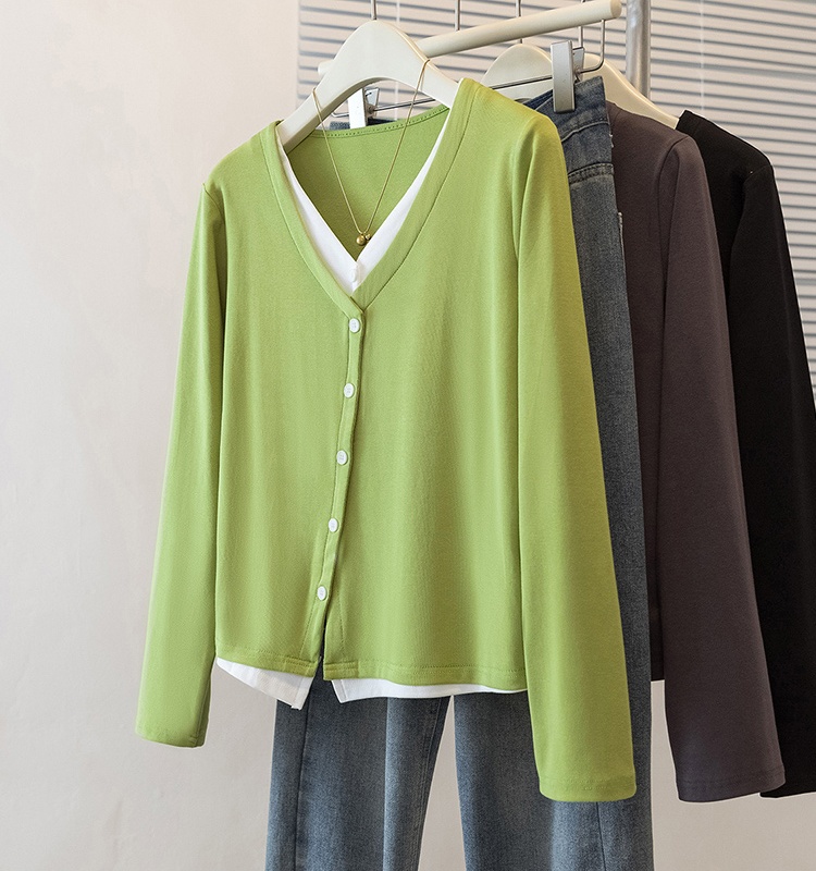 V-neck long sleeve Pseudo-two T-shirt simple fat tops