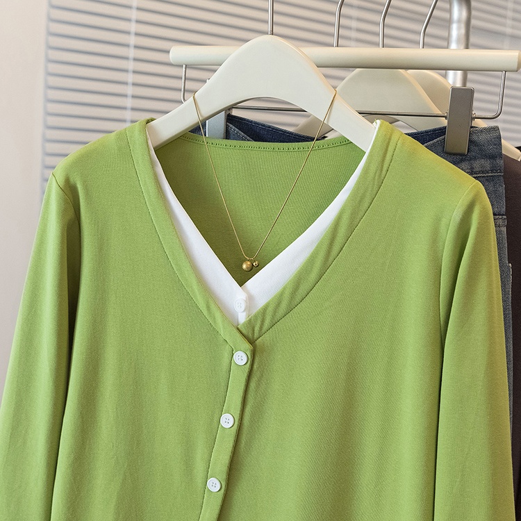 V-neck long sleeve Pseudo-two T-shirt simple fat tops
