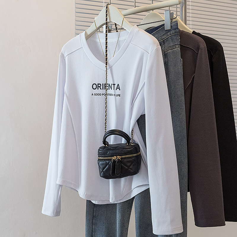 Spring V-neck T-shirt splice Western style tops