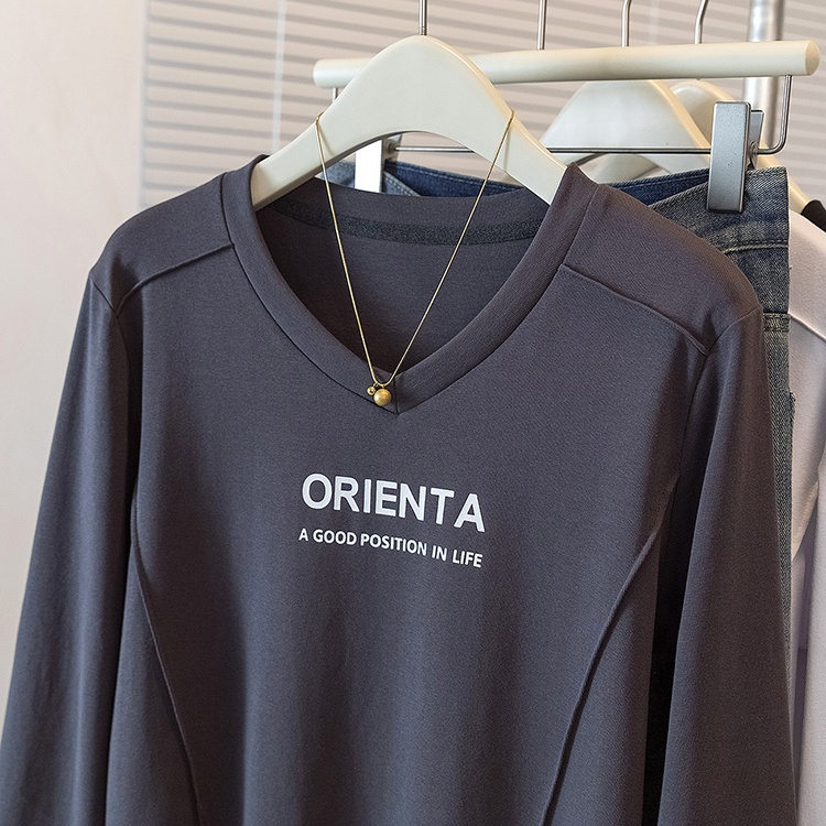 Spring V-neck T-shirt splice Western style tops