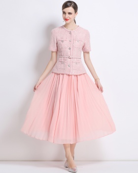 Chiffon pleated dress splice short sleeve long dress for women
