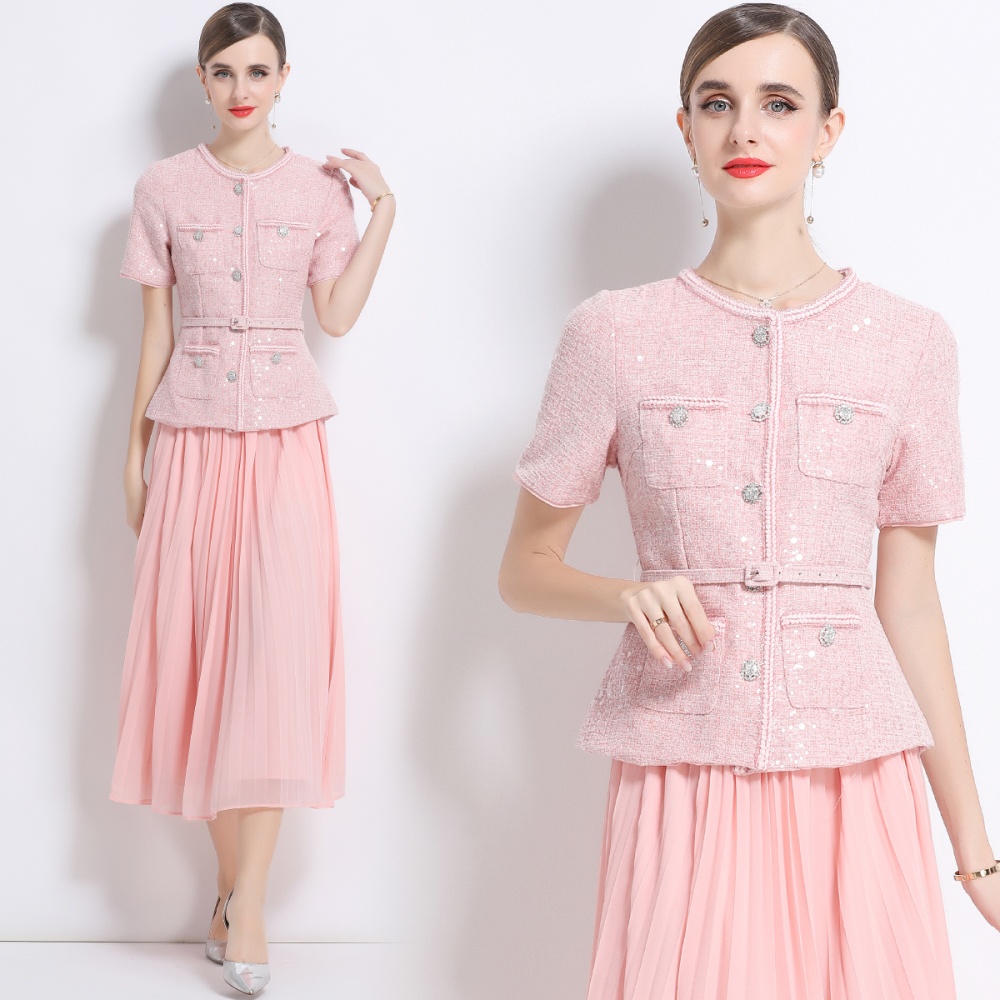 Chiffon pleated dress splice short sleeve long dress for women
