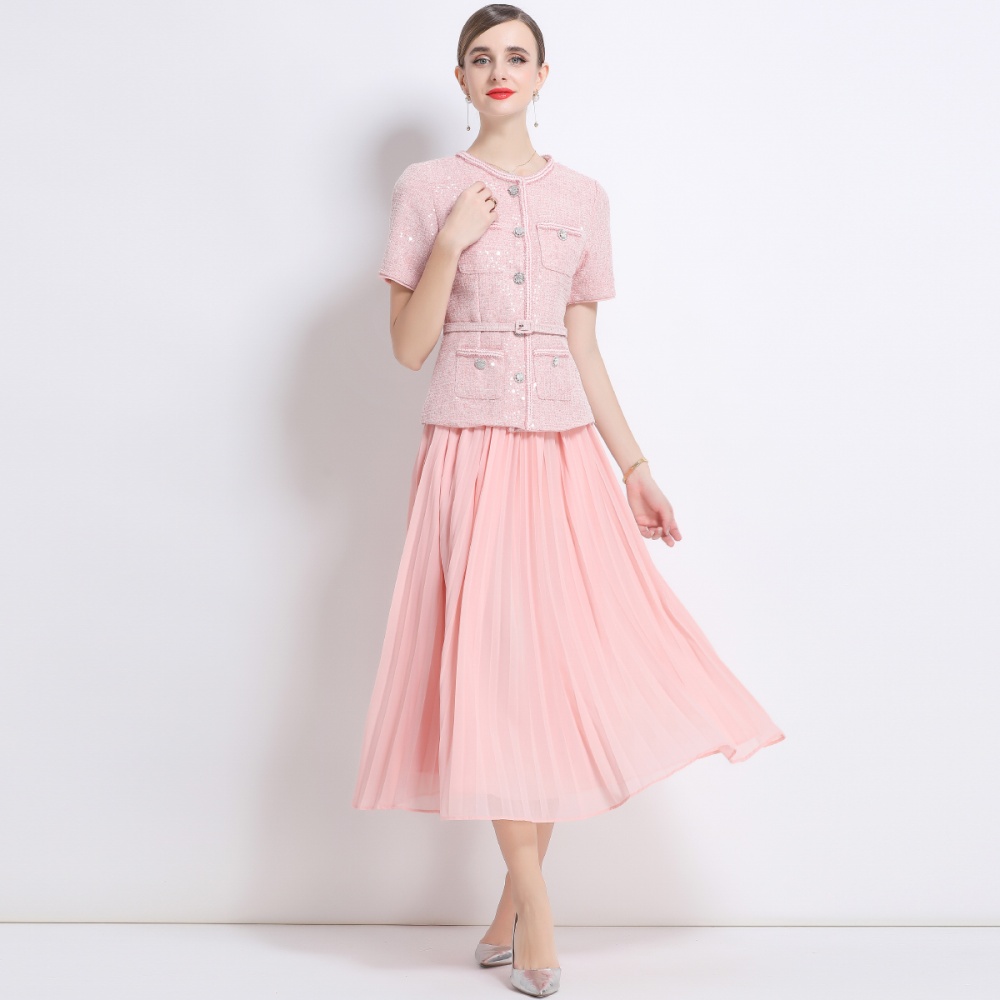 Chiffon pleated dress splice short sleeve long dress for women