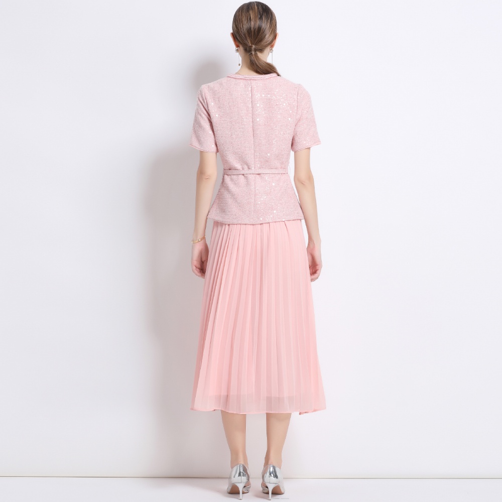 Chiffon pleated dress splice short sleeve long dress for women