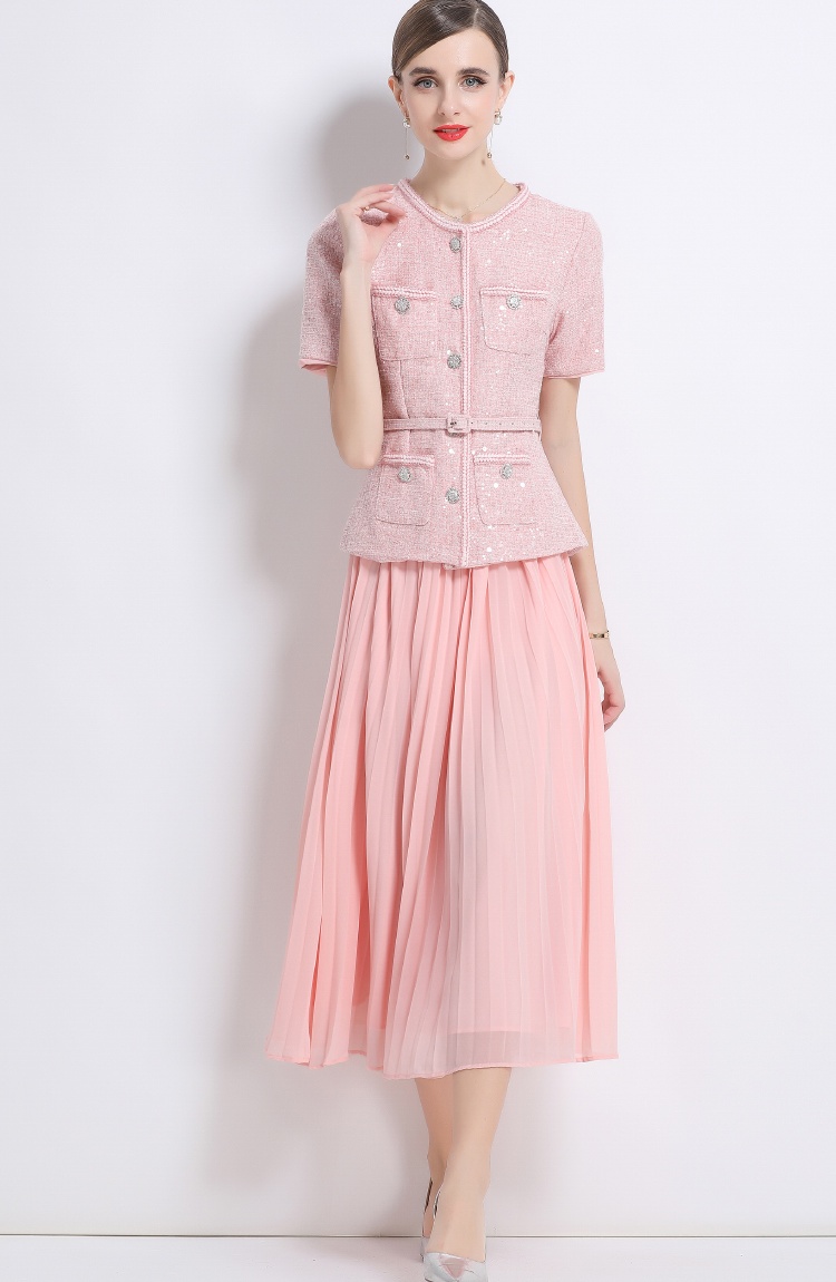 Chiffon pleated dress splice short sleeve long dress for women