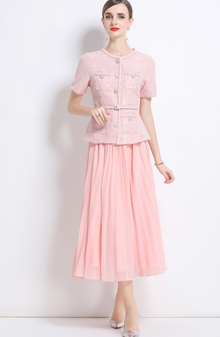 Chiffon pleated dress splice short sleeve long dress for women
