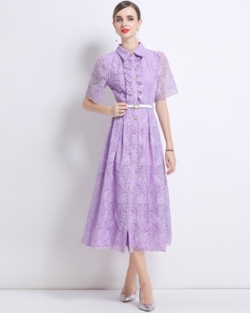 Long embroidery short sleeve shirt collar pinched waist dress