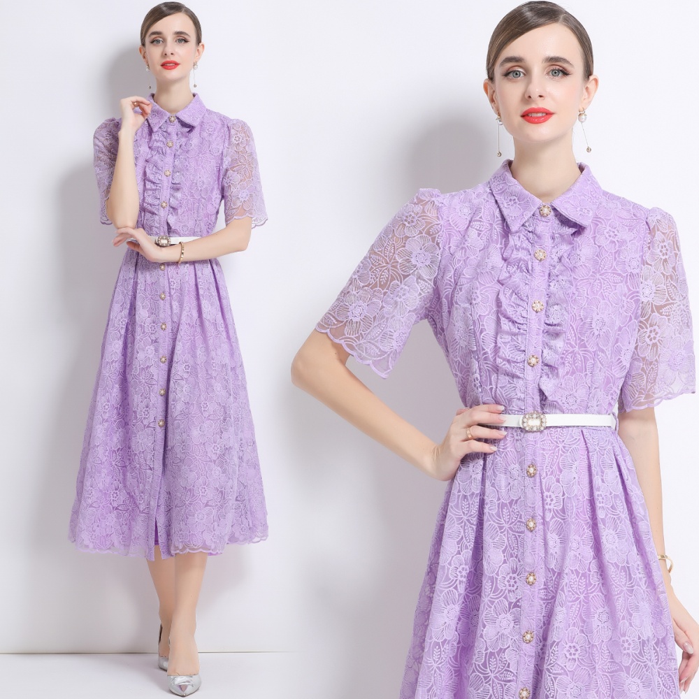 Long embroidery short sleeve shirt collar pinched waist dress