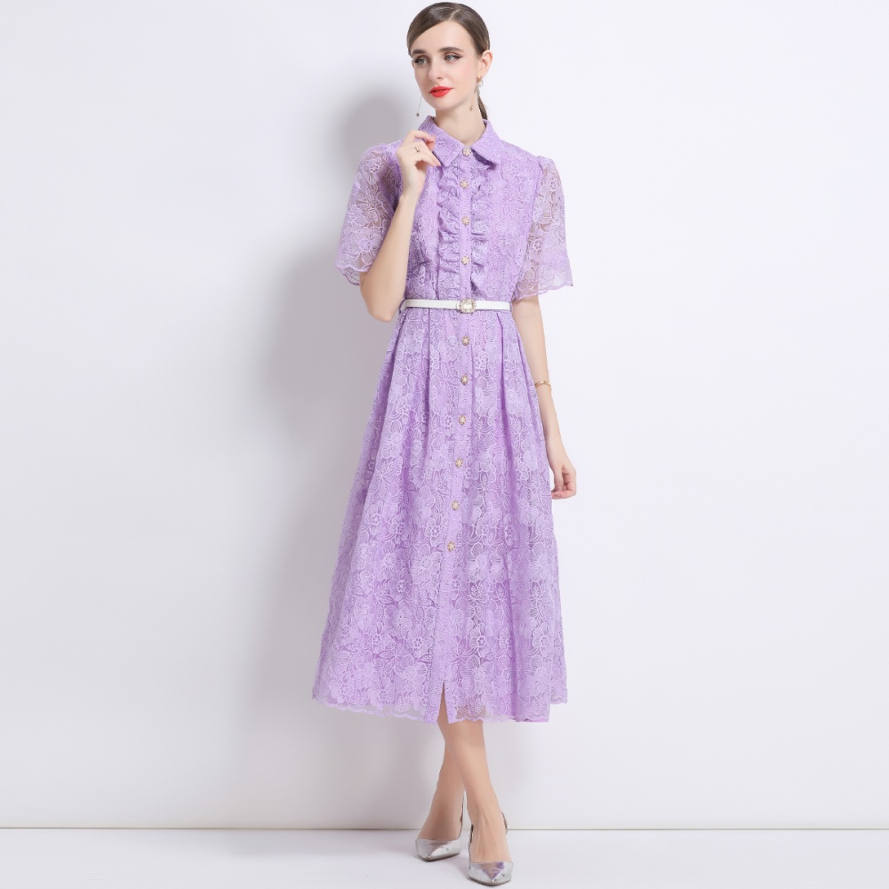 Long embroidery short sleeve shirt collar pinched waist dress