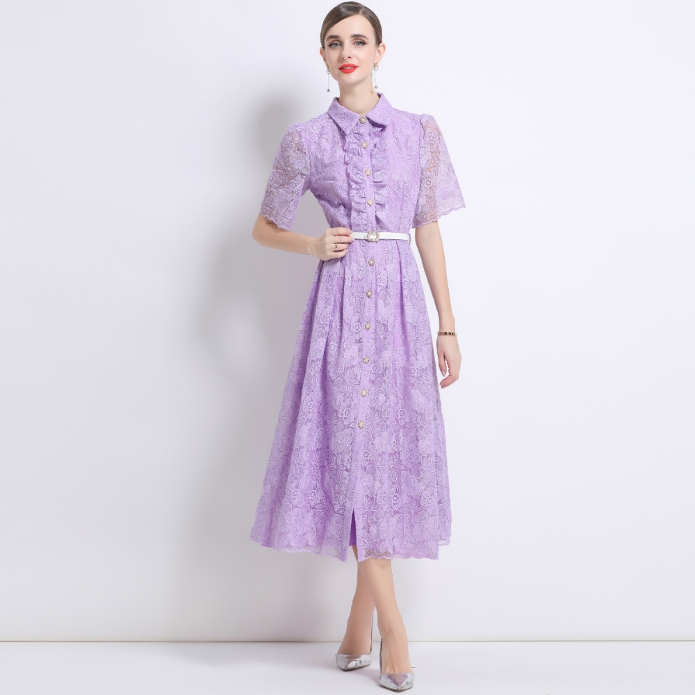Long embroidery short sleeve shirt collar pinched waist dress