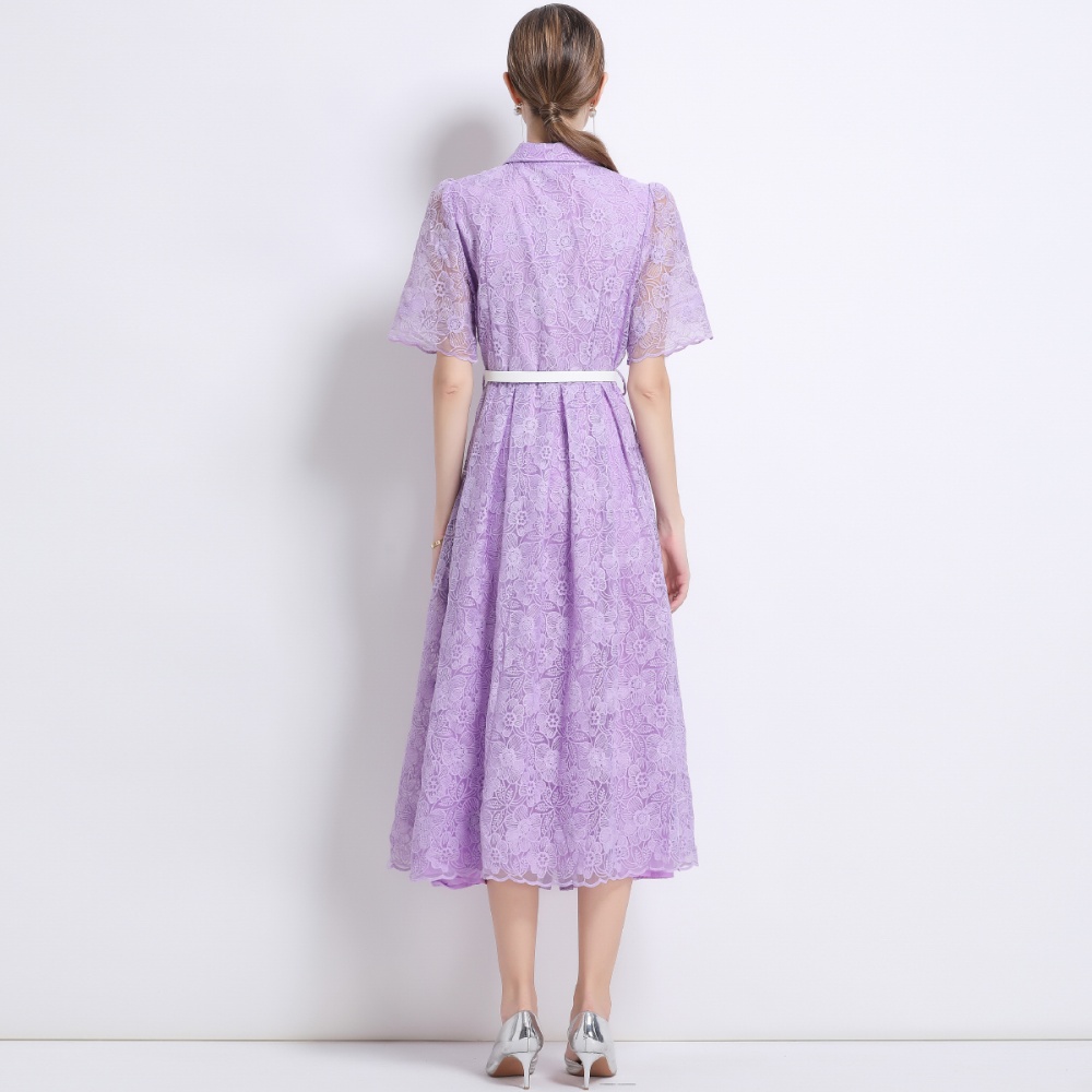 Long embroidery short sleeve shirt collar pinched waist dress