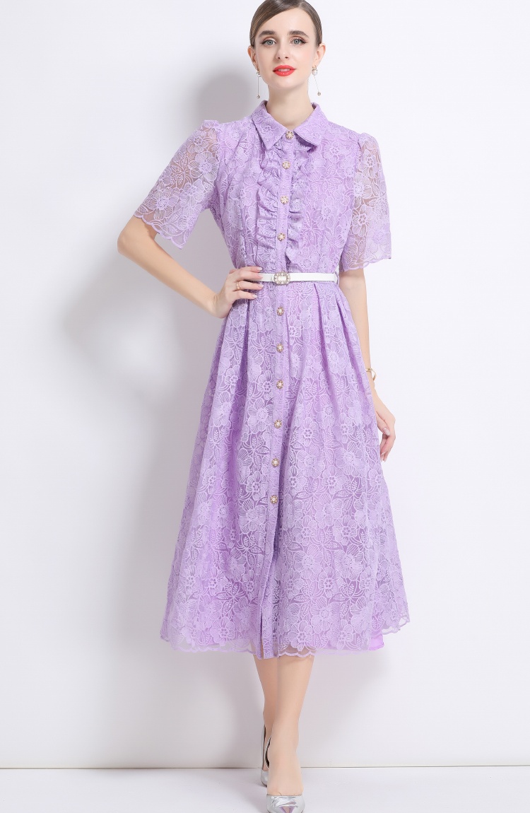 Long embroidery short sleeve shirt collar pinched waist dress