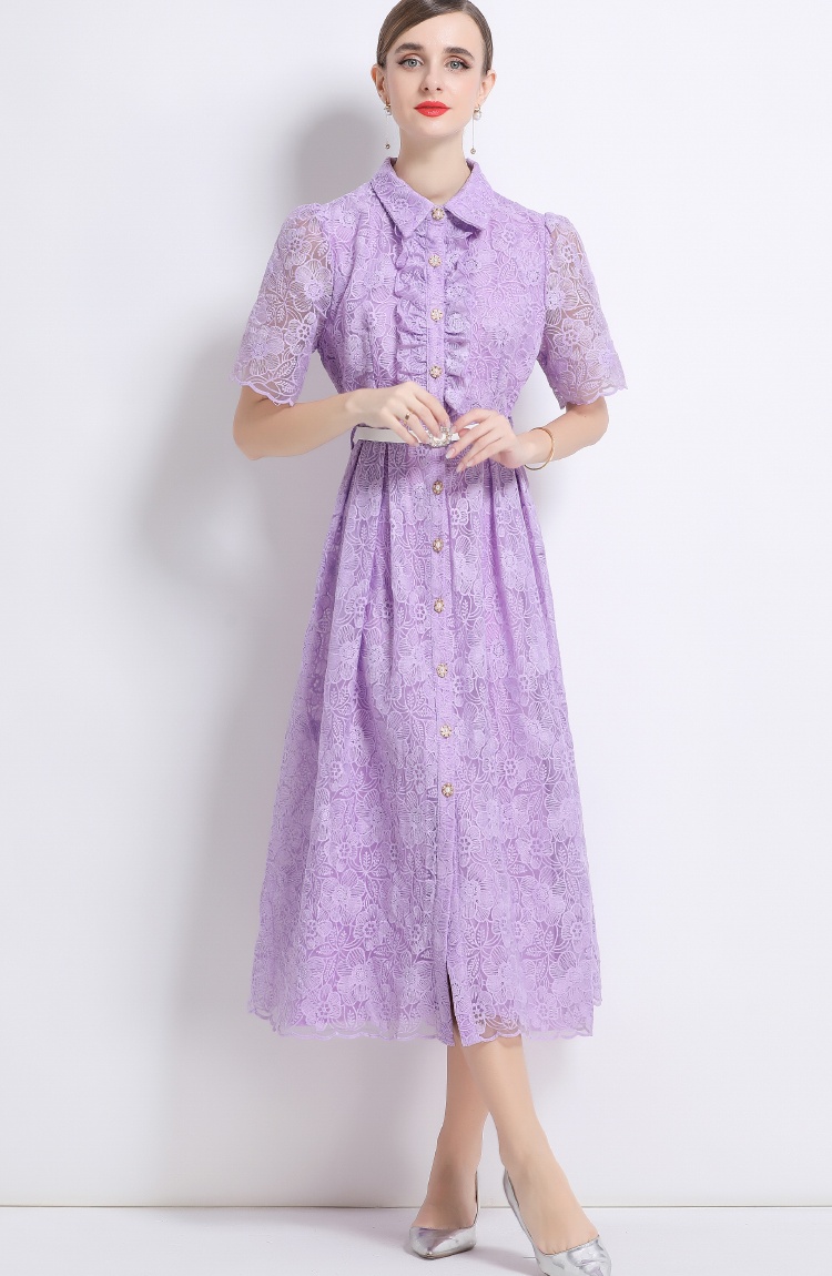 Long embroidery short sleeve shirt collar pinched waist dress