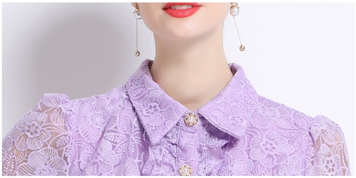 Long embroidery short sleeve shirt collar pinched waist dress