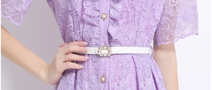 Long embroidery short sleeve shirt collar pinched waist dress