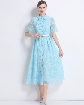 With belt embroidery temperament big skirt short sleeve dress