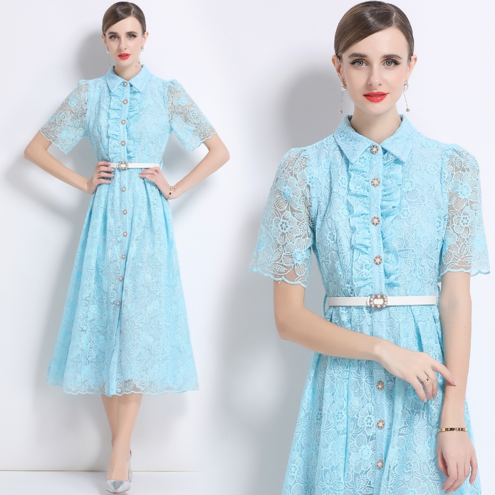 With belt embroidery temperament big skirt short sleeve dress