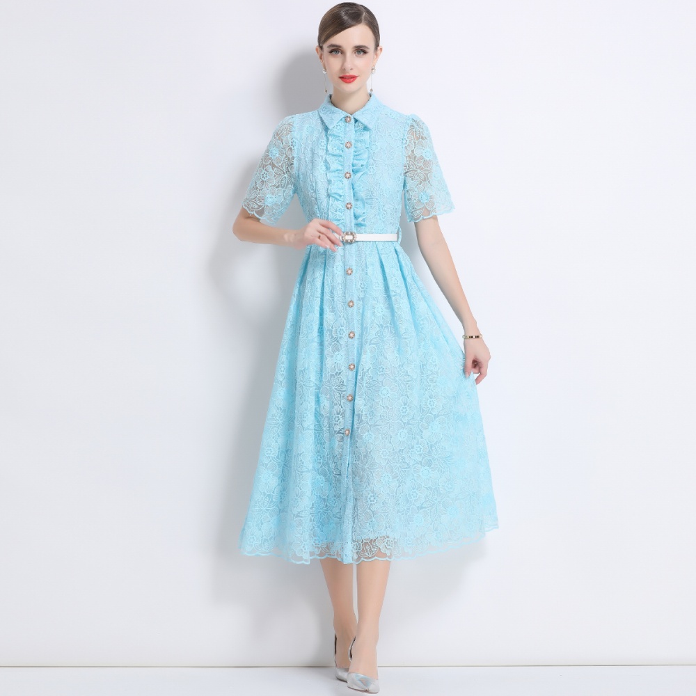 With belt embroidery temperament big skirt short sleeve dress