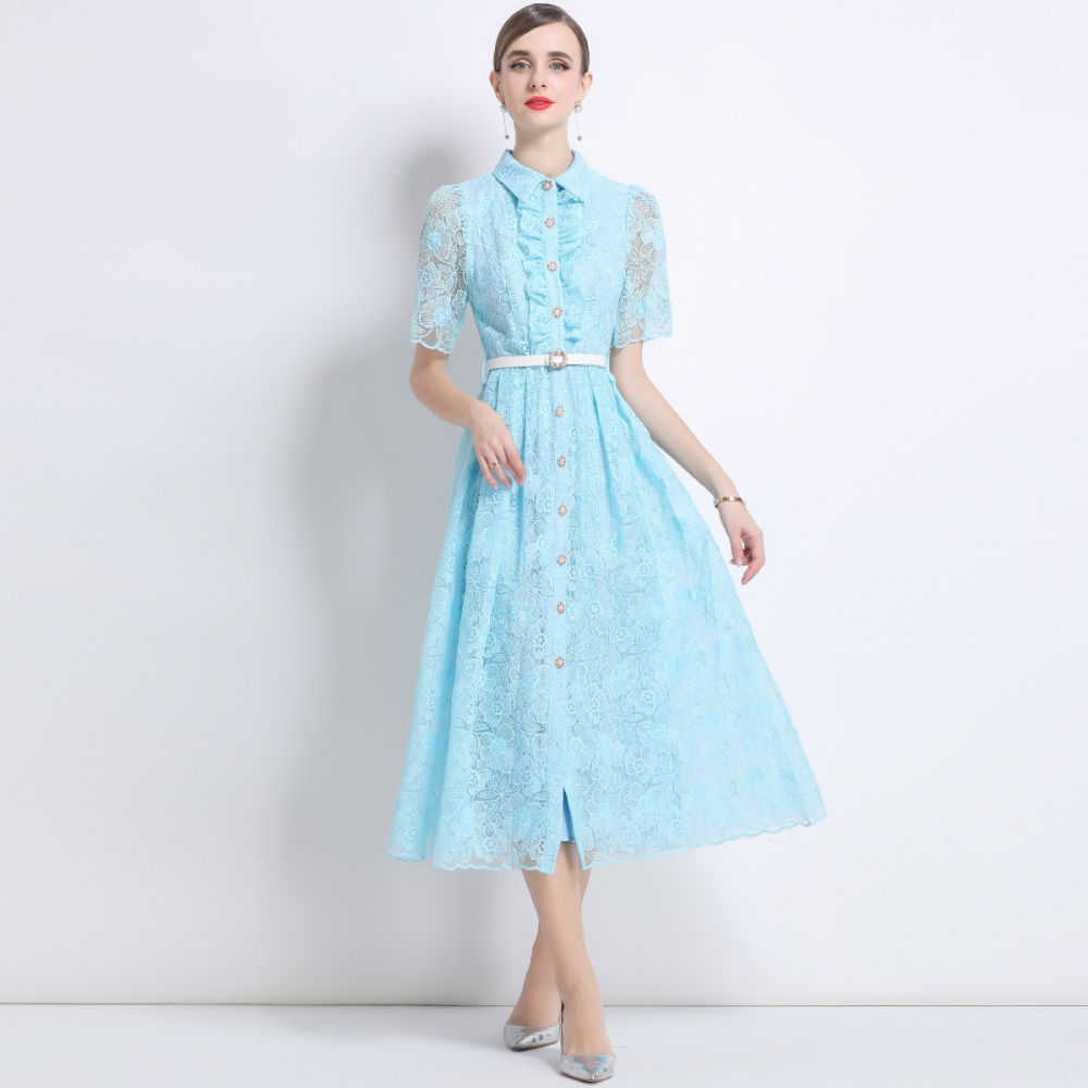 With belt embroidery temperament big skirt short sleeve dress