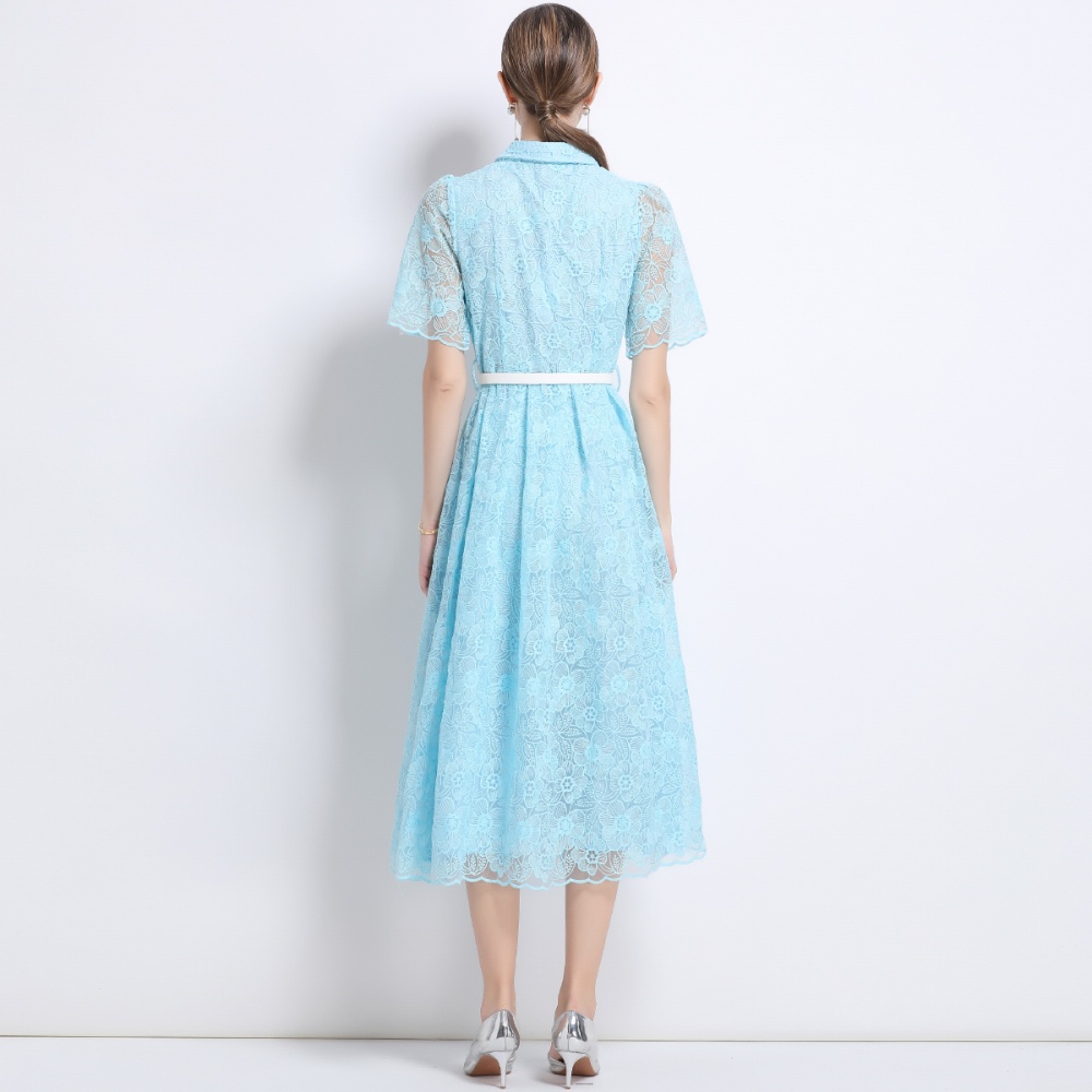 With belt embroidery temperament big skirt short sleeve dress