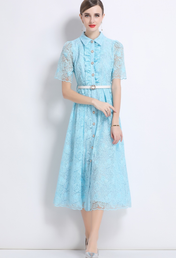 With belt embroidery temperament big skirt short sleeve dress