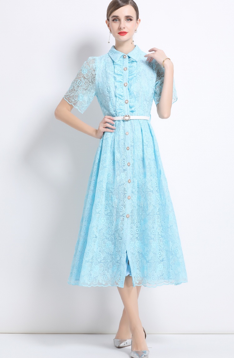 With belt embroidery temperament big skirt short sleeve dress