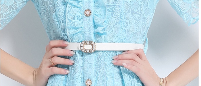 With belt embroidery temperament big skirt short sleeve dress