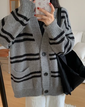 Knitted all-match lazy cardigan pocket stripe sweater