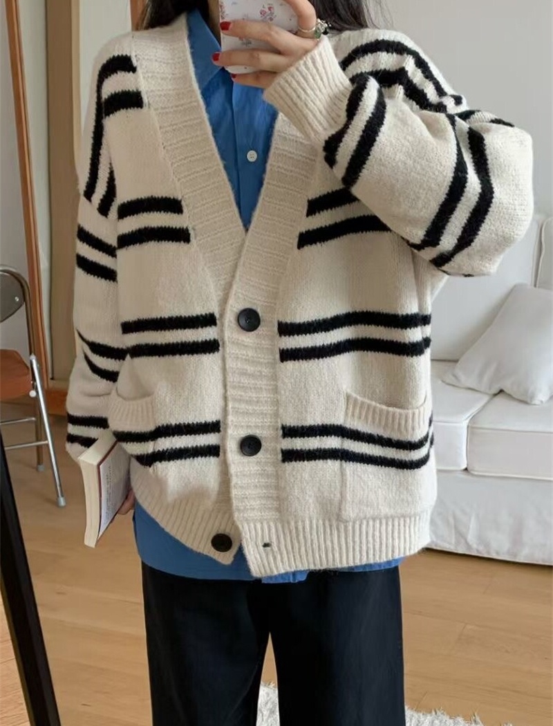 Knitted all-match lazy cardigan pocket stripe sweater