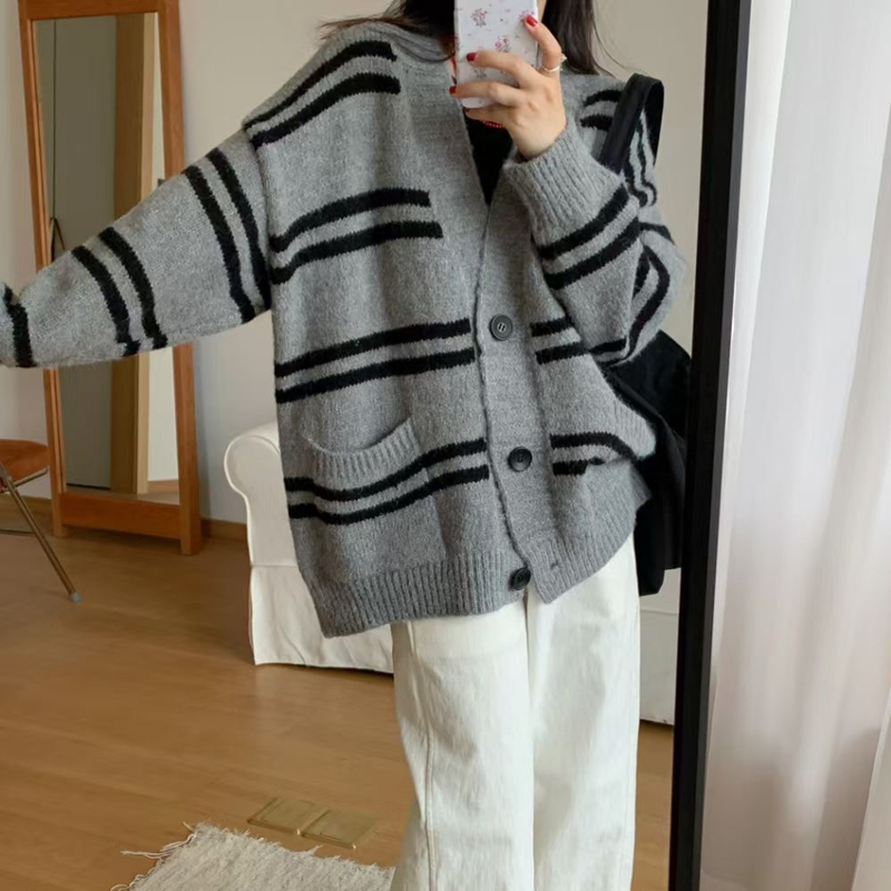 Knitted all-match lazy cardigan pocket stripe sweater