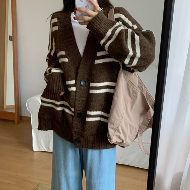 Knitted all-match lazy cardigan pocket stripe sweater