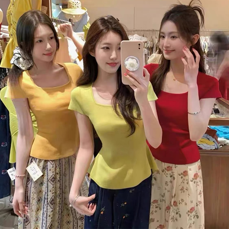 Back bandage Korean style small square collar tops
