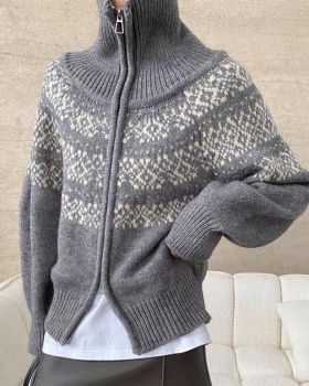 Jacquard lapel lazy sweater loose retro cardigan