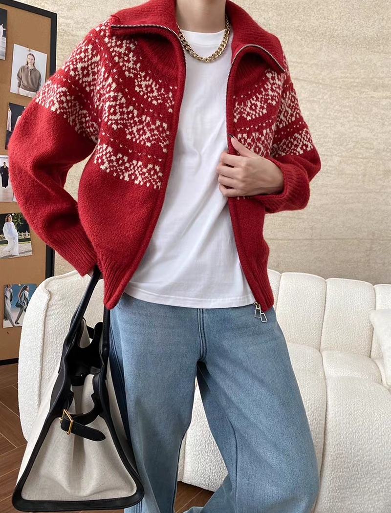 Jacquard lapel lazy sweater loose retro cardigan