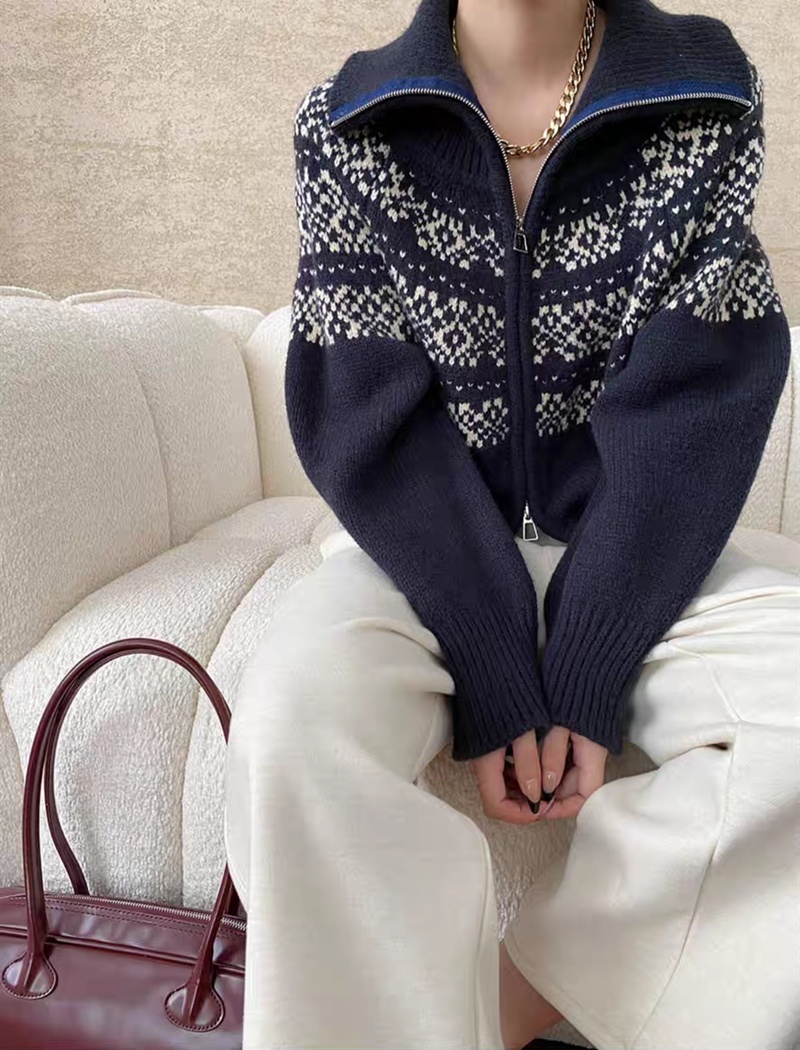 Jacquard lapel lazy sweater loose retro cardigan