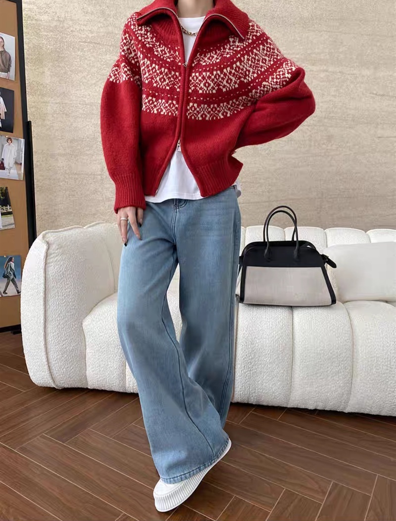 Jacquard lapel lazy sweater loose retro cardigan