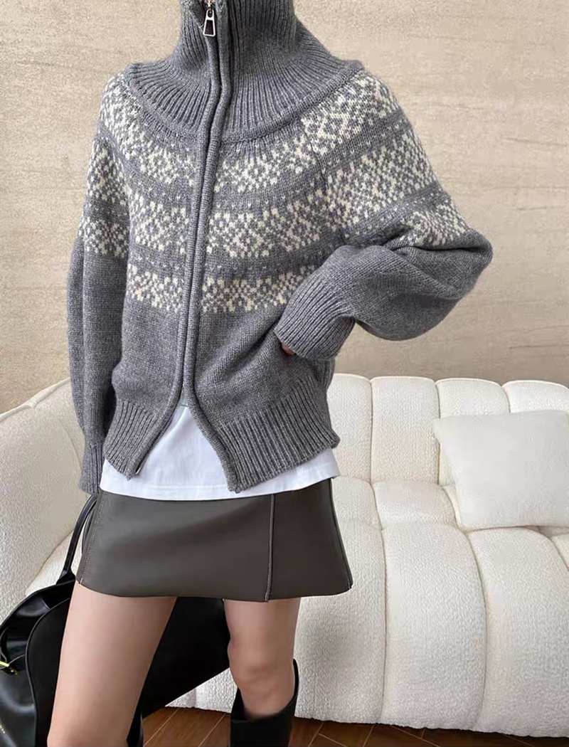 Jacquard lapel lazy sweater loose retro cardigan
