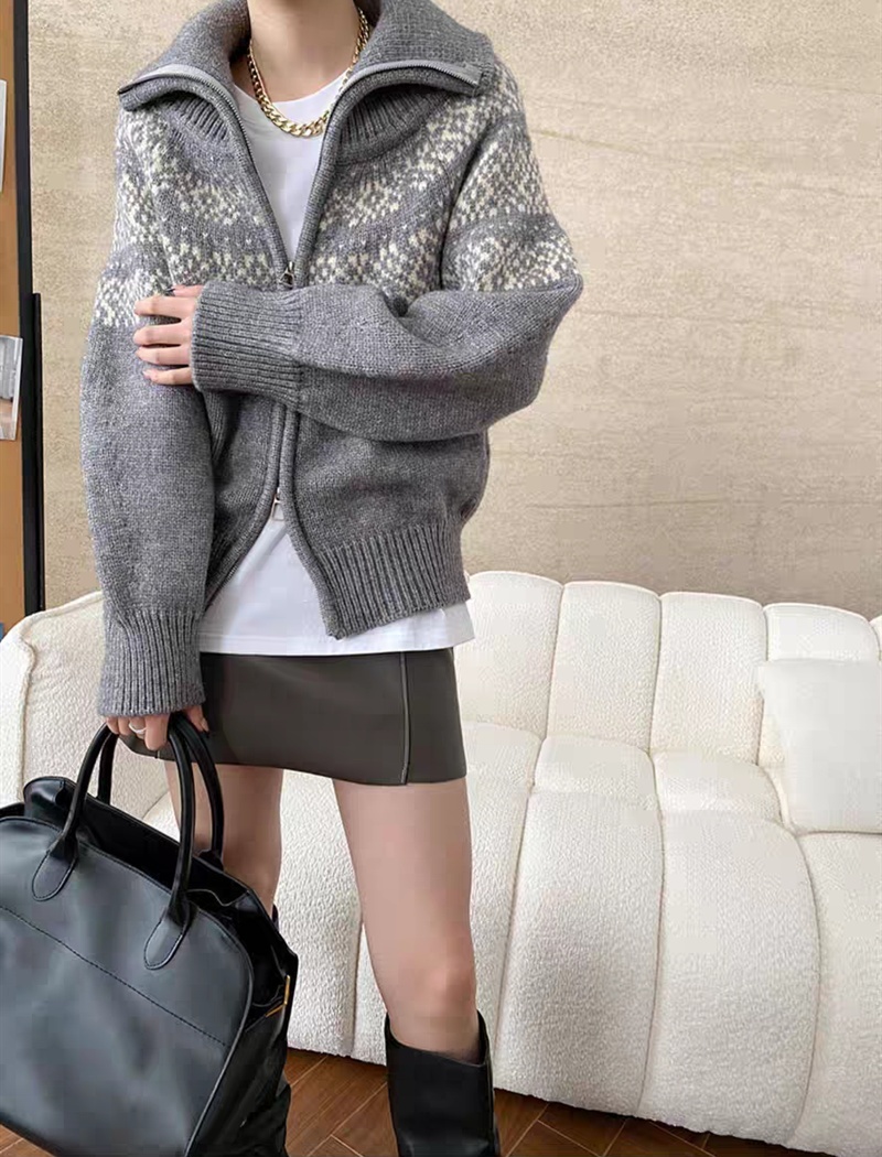 Jacquard lapel lazy sweater loose retro cardigan