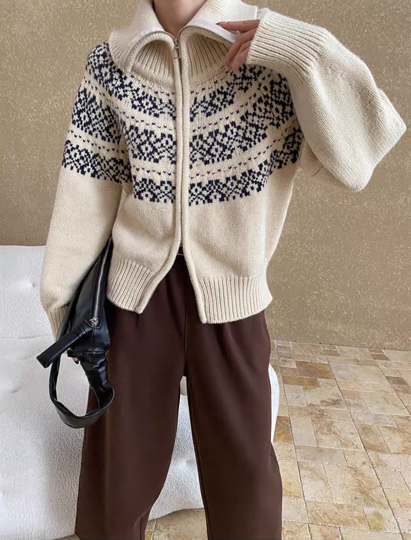 Jacquard lapel lazy sweater loose retro cardigan
