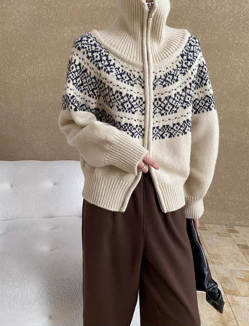 Jacquard lapel lazy sweater loose retro cardigan