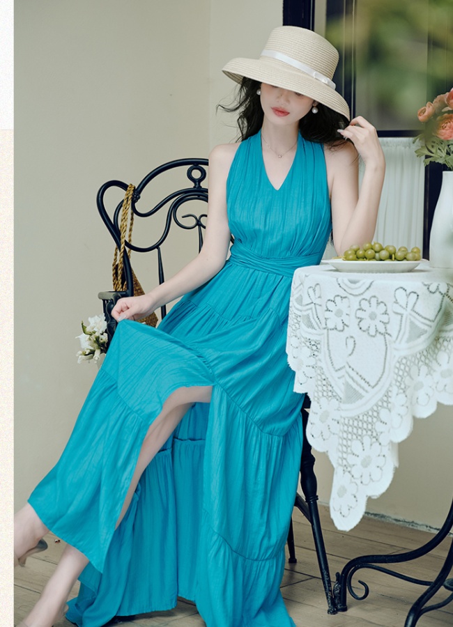 Big skirt pinched waist vacation halter dress