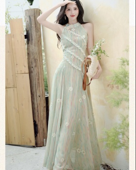 Floral France style slim dress sleeveless pinched waist vest