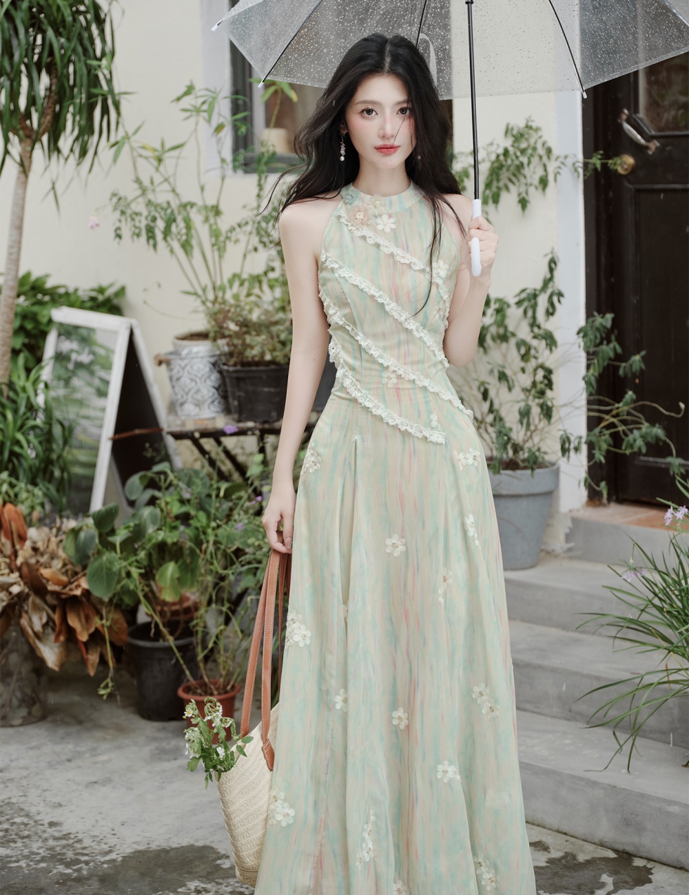 Floral France style slim dress sleeveless pinched waist vest