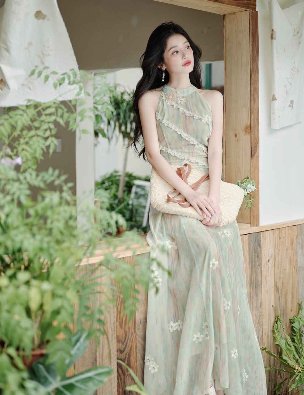 Floral France style slim dress sleeveless pinched waist vest