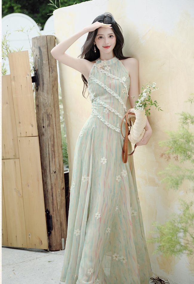 Floral France style slim dress sleeveless pinched waist vest
