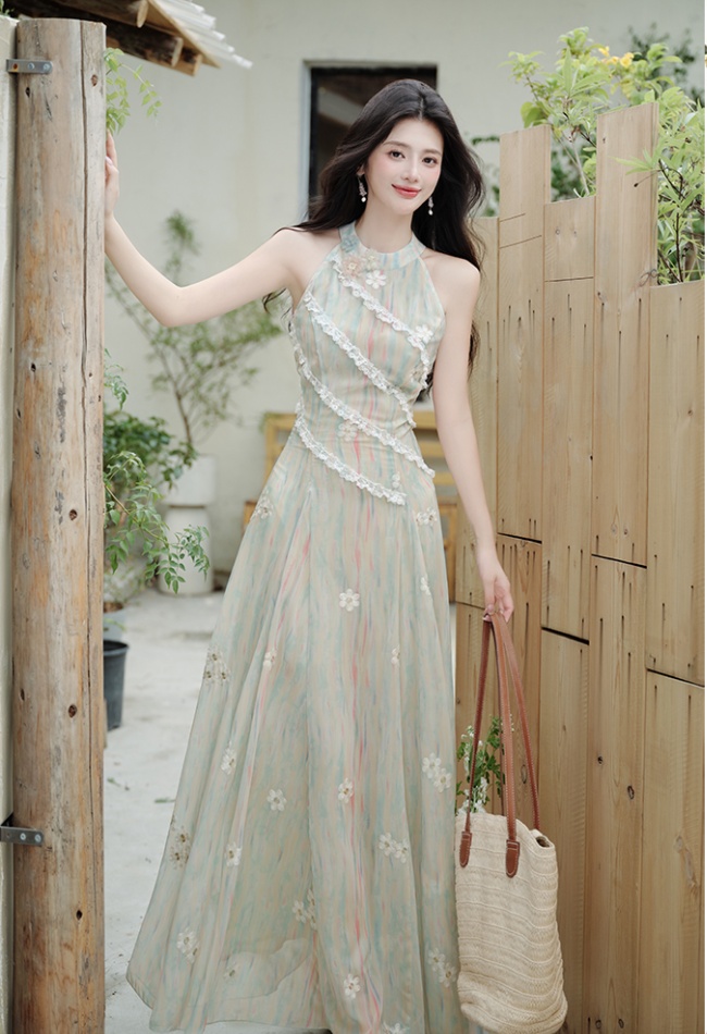Floral France style slim dress sleeveless pinched waist vest