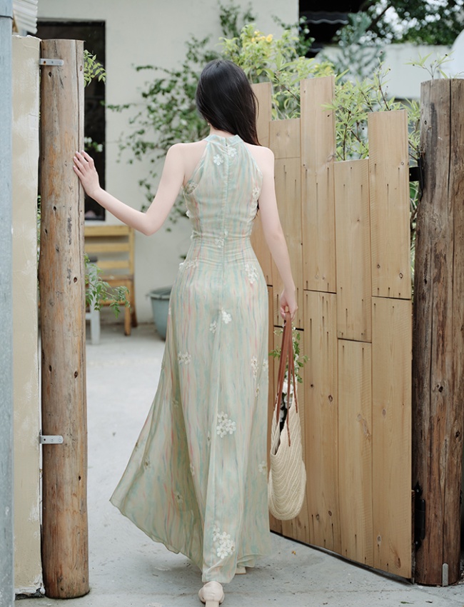 Floral France style slim dress sleeveless pinched waist vest