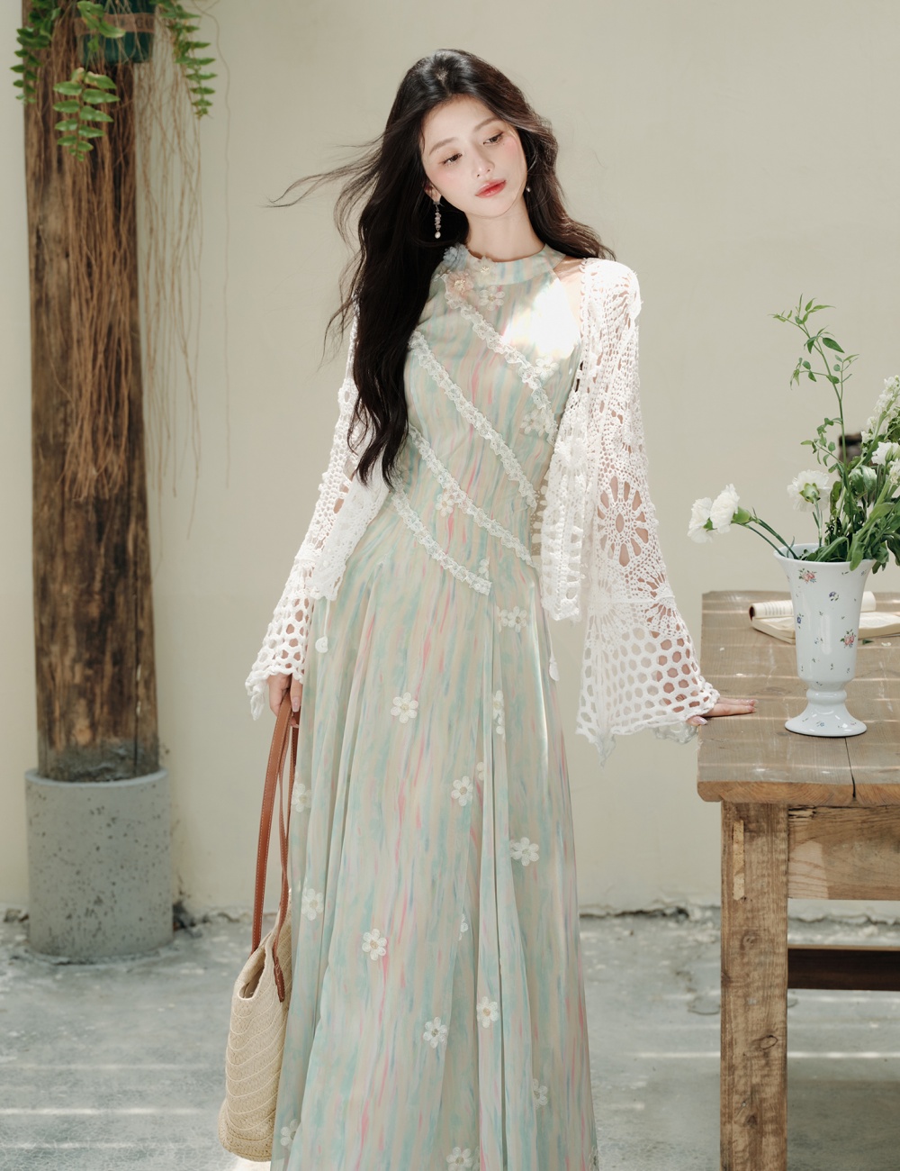 Slim floral vest France style sleeveless coat 2pcs set